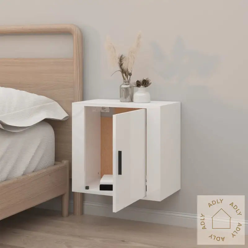 Veggmontert Nattbord Høyglans Hvit 50X30X47 Cm