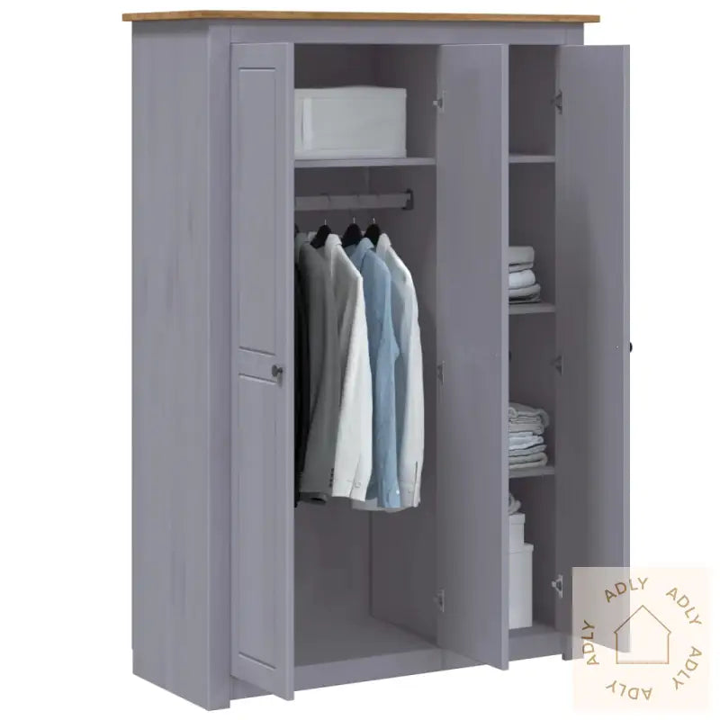 Garderobeskap 3 Dører Grå 118X50X171,5 Cm Furu Panama Range