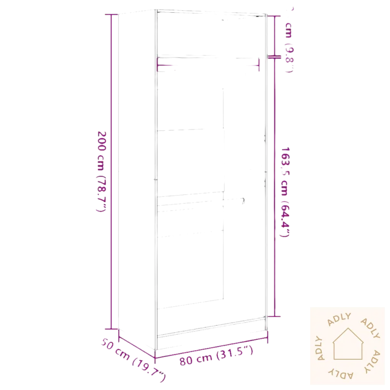 Dimensjonsdiagram av garderobeskap med praktisk oppbevaring og kompakt design
