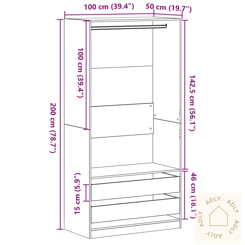 Garderobe I Svart Eik 100X50X200 Cm, Laget Av Tre