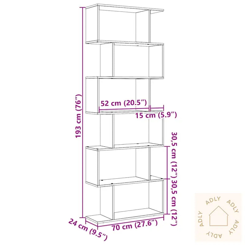 Romdeler Bokhylle 6 Lag Artisan Eik 70X24X193 Cm Konstruert Tre