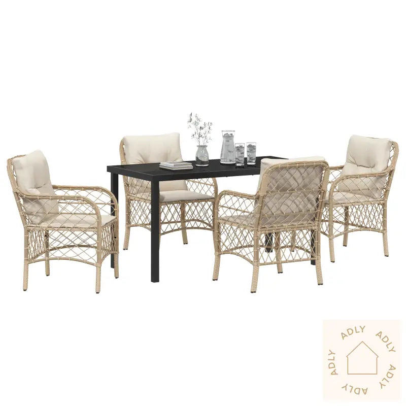5-Delt Hage Spisebordsett Med Puter I Beige Poly Rattan