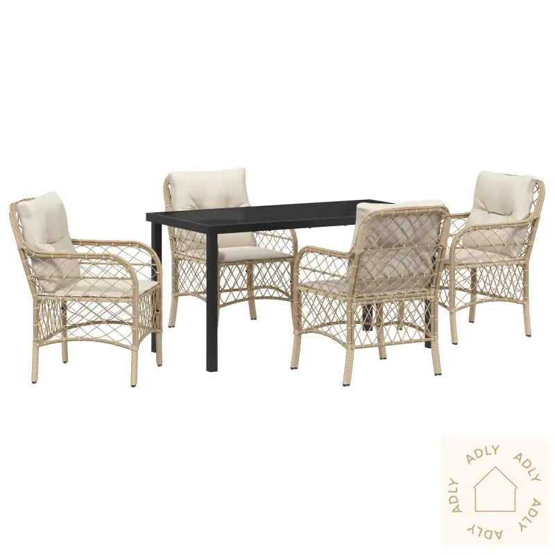 5-Delt Hage Spisebordsett Med Puter I Beige Poly Rattan