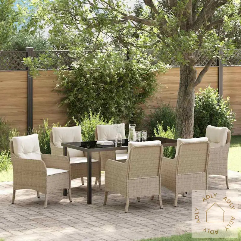 7 Delers Hage Spisesett Med Puter Beige Poly Rattan