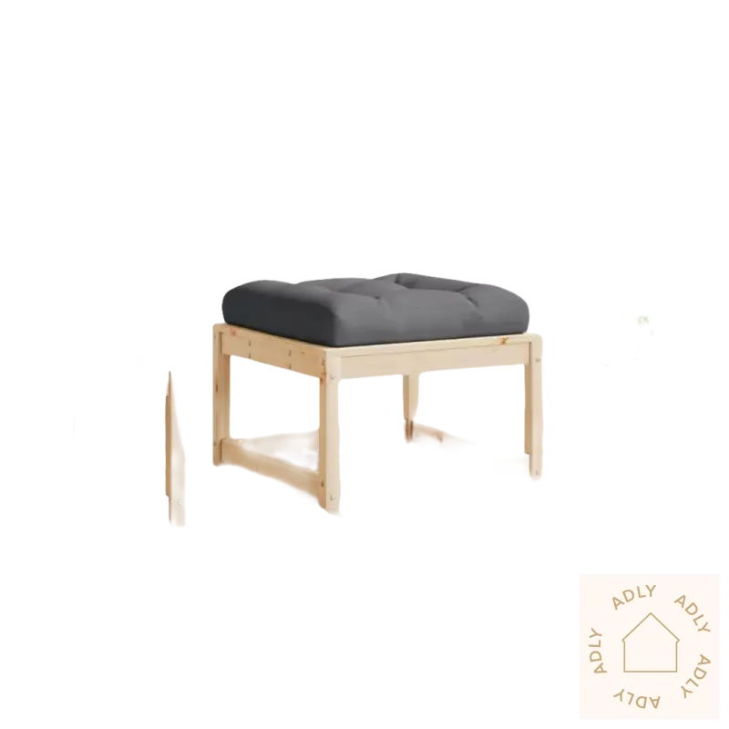Hagefotskammel i heltre furu med grå pute, modulært design for hagemøbler