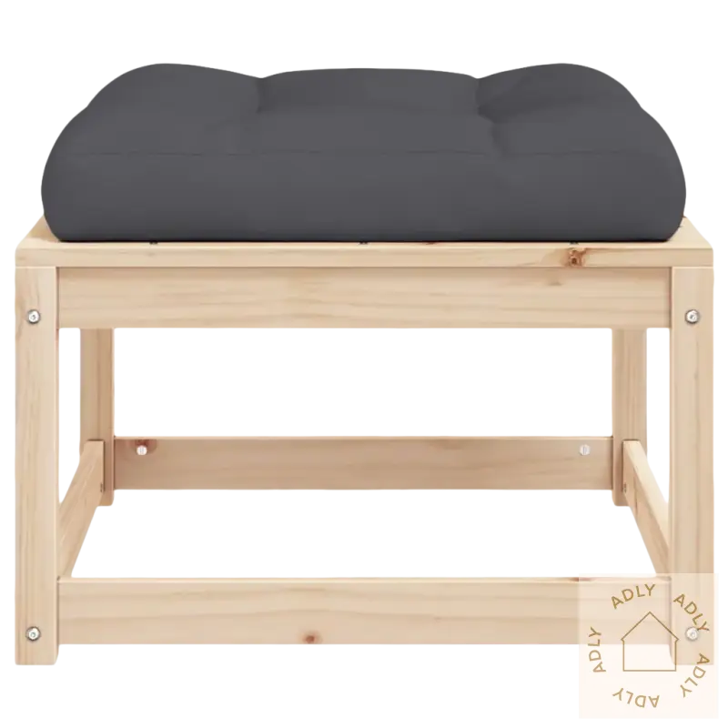 Hagefotskammel i heltre furu med grå pute og modulært design for hagemøbler