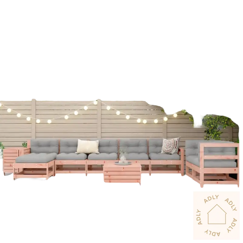 Utendørs heltre Douglasgran hjørnesofa med grå puter og lamelldesign, mål sete høye