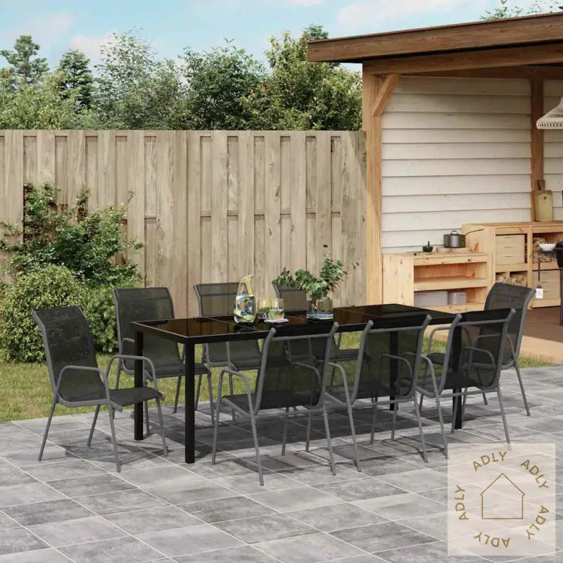 9-Delt Hage Spisebordsett Svart Tekstilene Og Stål