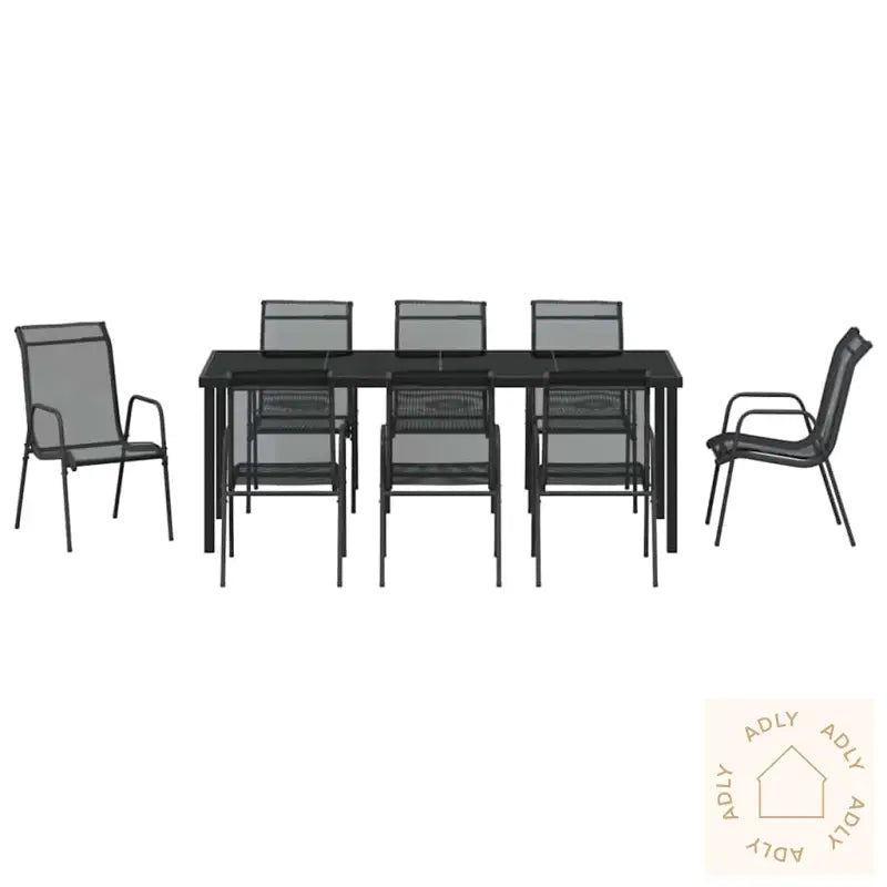 9-Delt Hage Spisebordsett Svart Tekstilene Og Stål