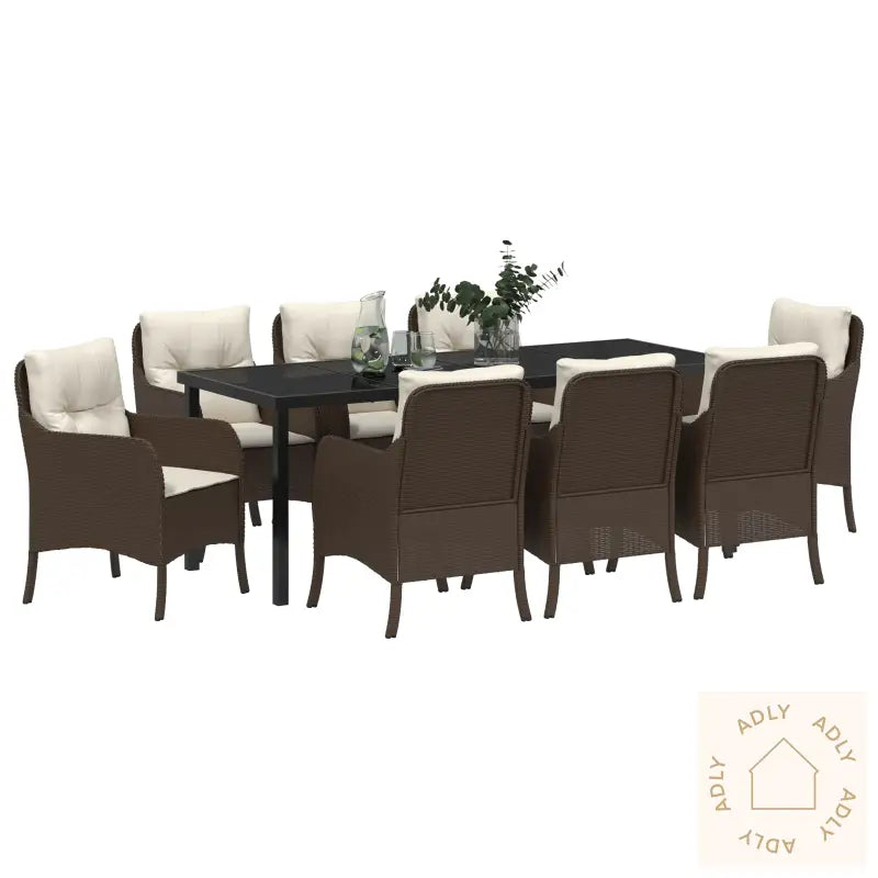 9-Delt Hage Spisestuesett Med Puter, Brun Poly Rattan