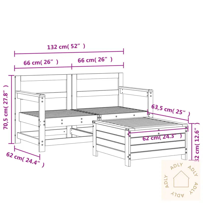 Hagesofasett 3 Deler Hvit Heltre Furu