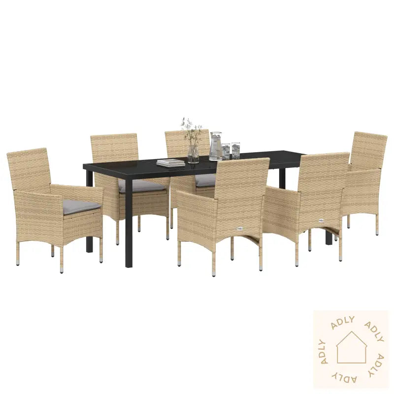 7-Delt Hage Spisegruppe Med Puter Beige Poly Rattan