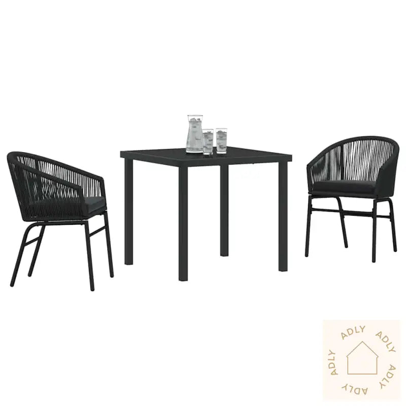 3 Delt Hage Spisebord Sett - Svart Poly Rattan