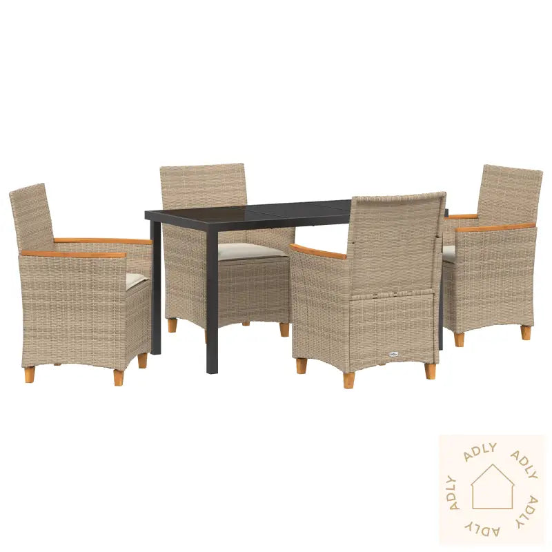 5-Delt Hage Spisestol Sett Med Puter Beige Poly Rattan