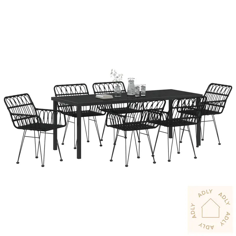 7 Delt Hage Spisestue Sett Svart Poly Rattan