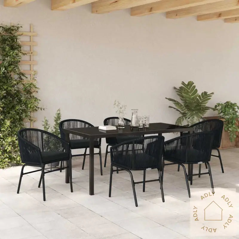 7-Delt Hagesett Med Spisebord – Svart Poly-Rattan