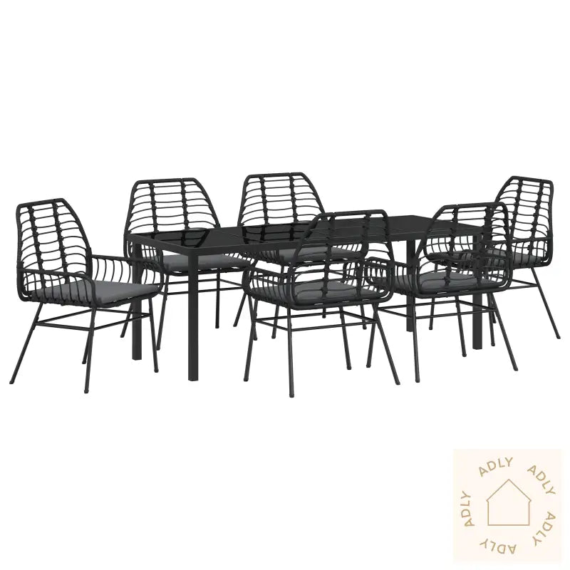 7 Delt Hage Spisebordsett Med Puter Svart Poly Rattan