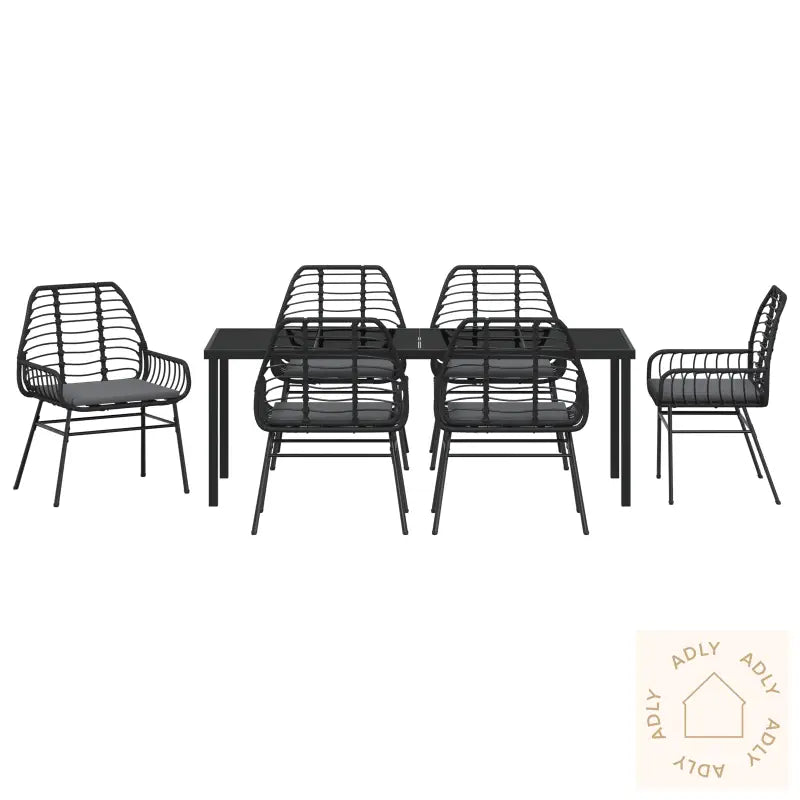 7 Delt Hage Spisebordsett Med Puter Svart Poly Rattan