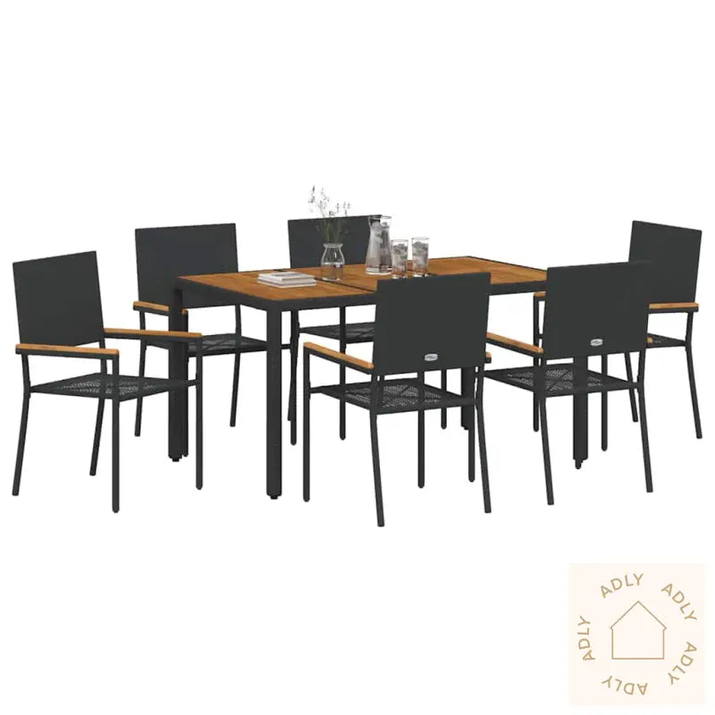 7 Deler Hage Spisebordsett Svart Poly Rattan