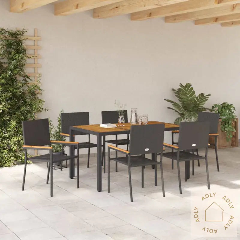 7 Deler Hage Spisebordsett Svart Poly Rattan