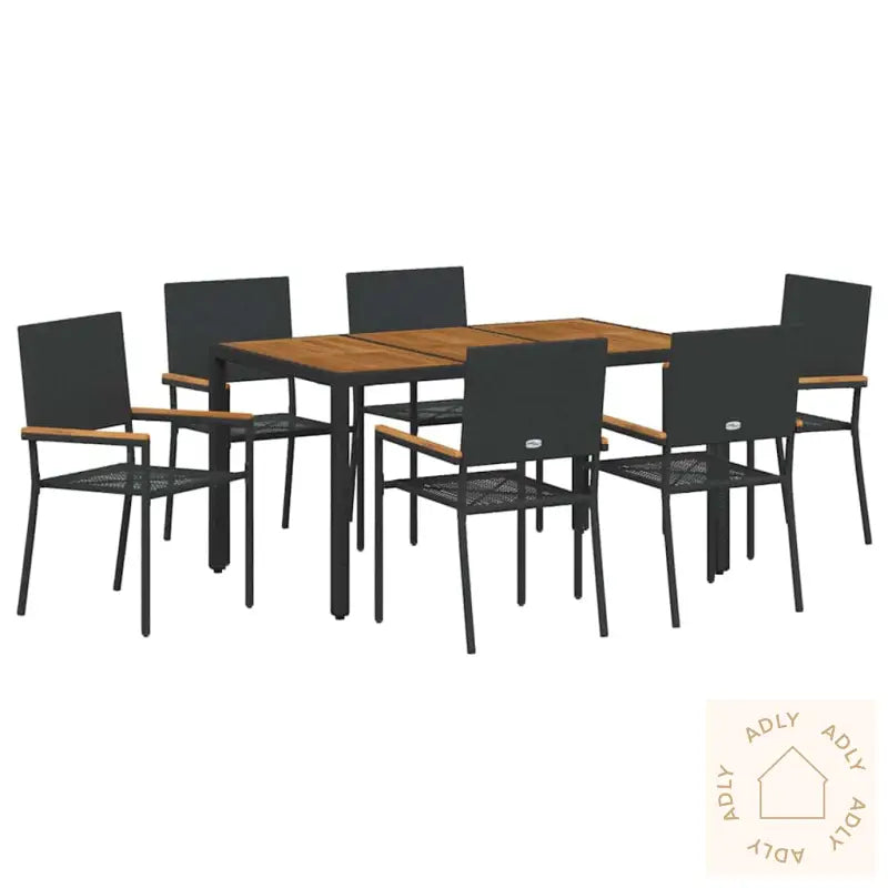 7 Deler Hage Spisebordsett Svart Poly Rattan