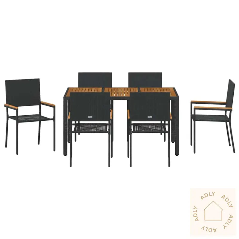 7 Deler Hage Spisebordsett Svart Poly Rattan