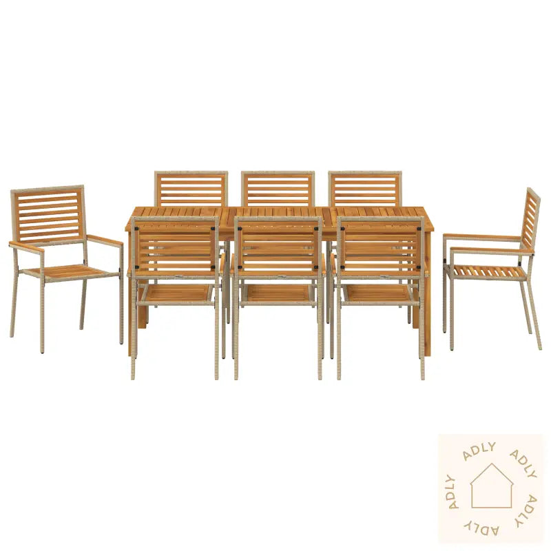 9 Delt Hage Spisebordsett Beige Poly Rattan Akasie