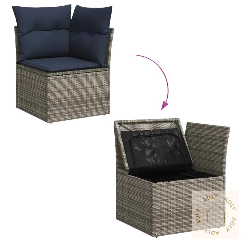 Wicker corner chair med oppbevaringsplass i grå materialer og pulverlakkert stål