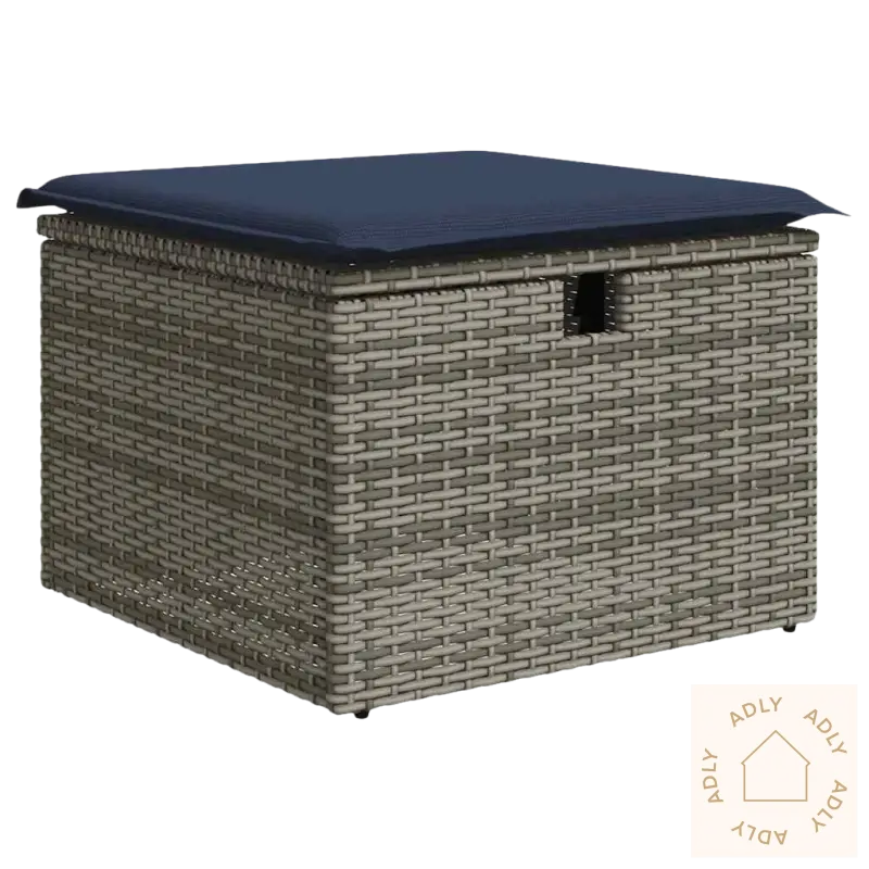 Wicker storage ottoman med blå pute, vanntett bag og pulverlakkert stål for uteplassen