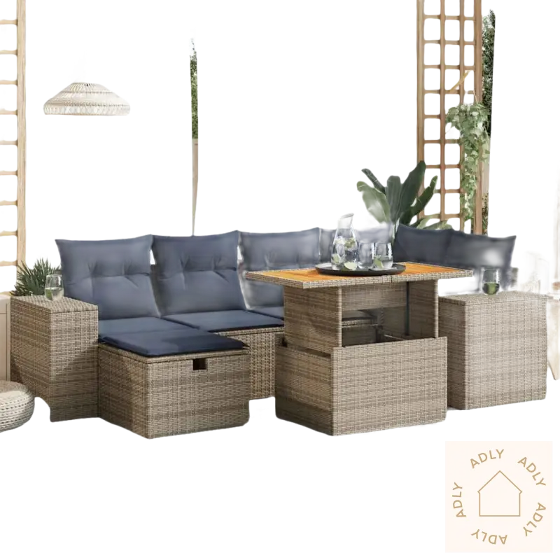 Wicker uteplasssofa med lift-up bord i grå materiale og pulverlakkert stål