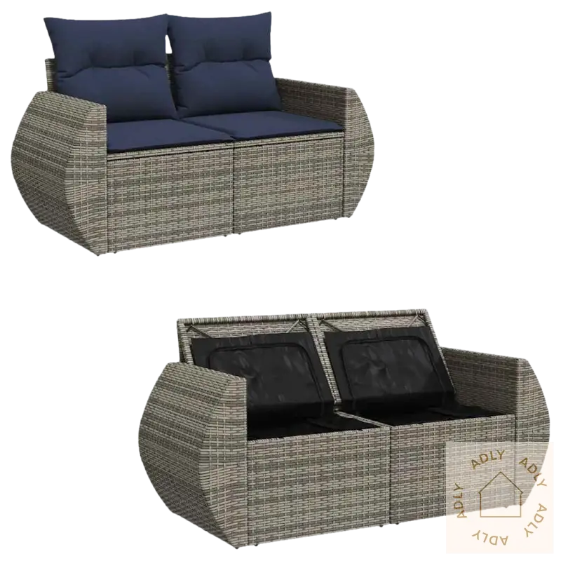 Wicker hagesofa med lagring i grå materialer, pulverlakkert stål og vanntett bag