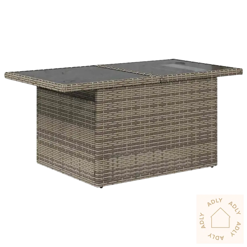 Wicker patio coffee table med pulverlakkert stål og grå materialer, vanntett bag