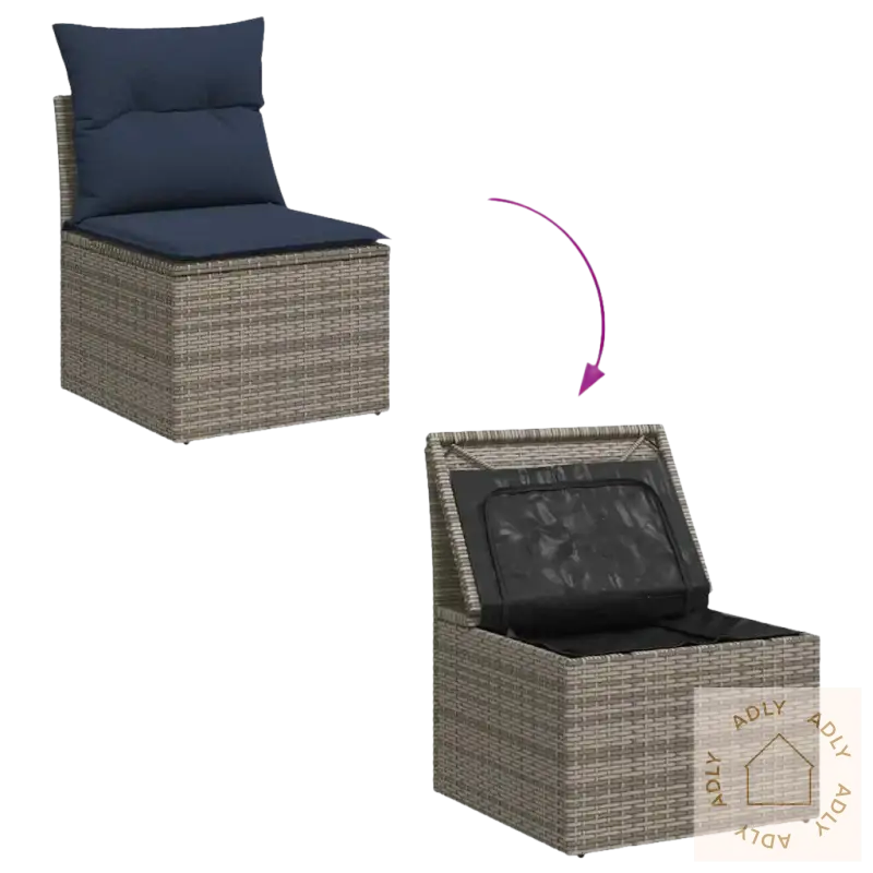 Wicker oppbevaringsstol med pute i grå materialer og pulverlakkert stål, vanntett bag