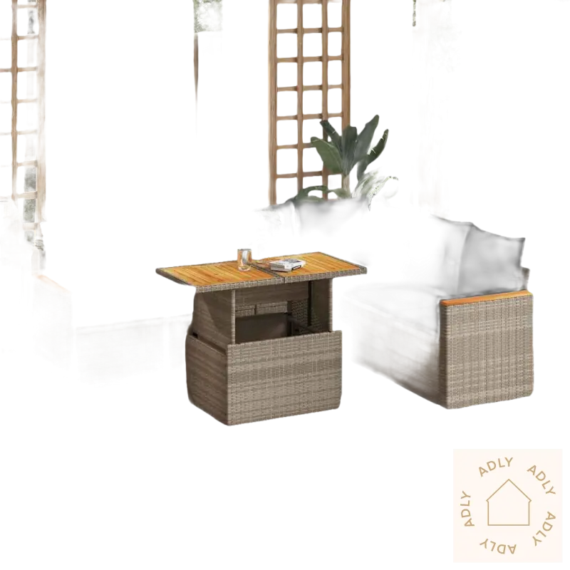 Wicker patio sectional i grå materialer med pulverlakkert stål og lift-top bord