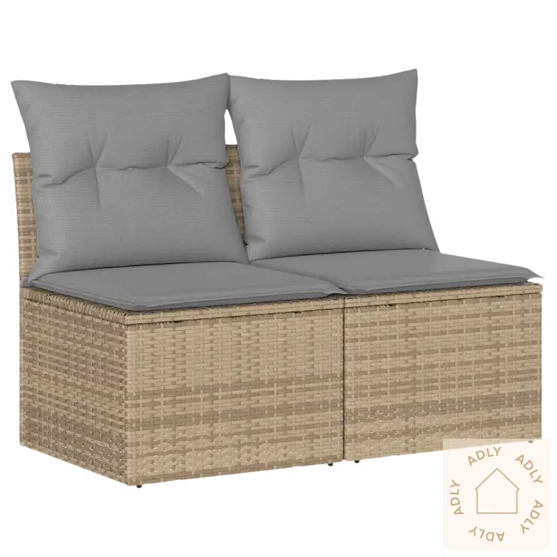 Wicker utendørs loveseat med grå puter, vaskbart trekk og modulært design