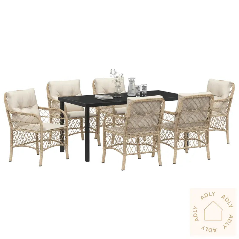 7 Delt Hage Spisesett Med Puter Beige Poly Rattan
