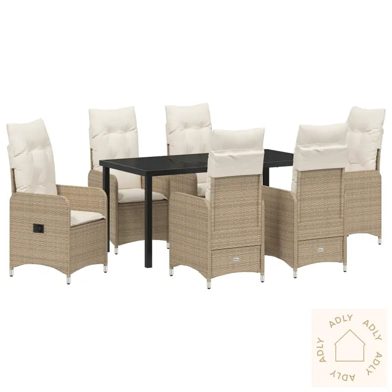 7 Delt Hage Spisesett Med Puter Beige Poly Rattan