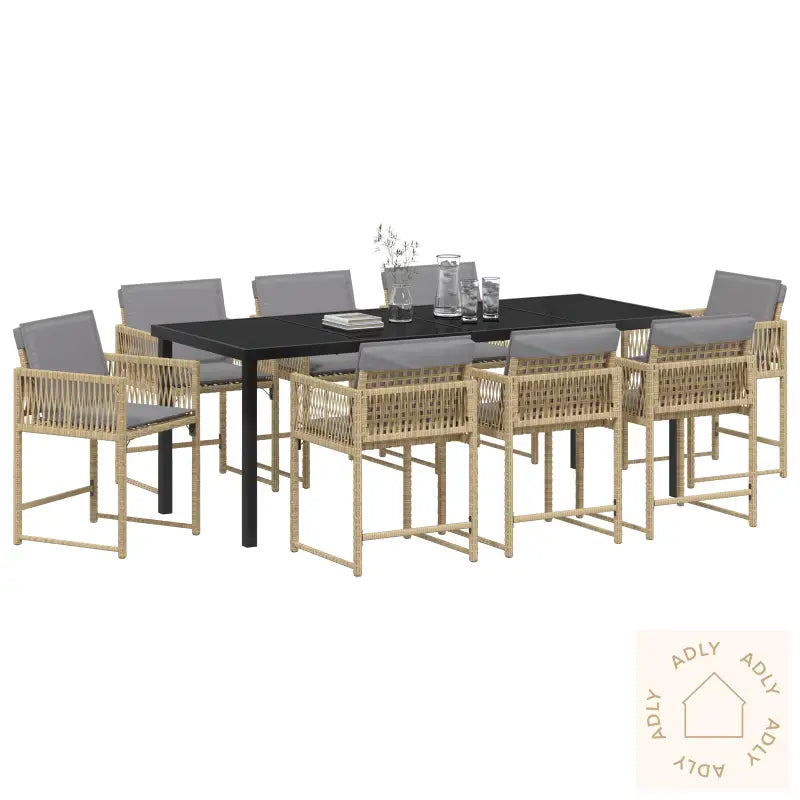 9 Delt Hage Spisebord Sett Med Puter Beige Poly Rattan