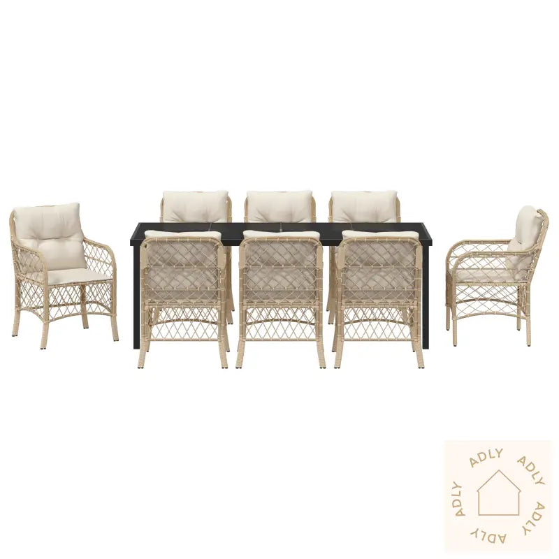 9 Delt Hage Diningssett Med Puter Beige Poly Rattan