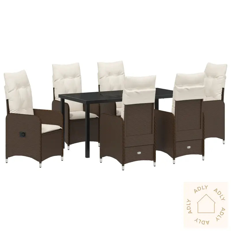 7 Delt Hage Spise Sett Med Puter Brun Poly Rattan