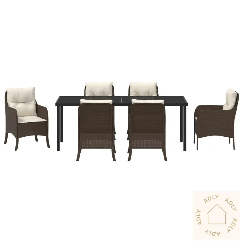 7 Deler Hage Spisebord Med Puter Brun Poly Rattan