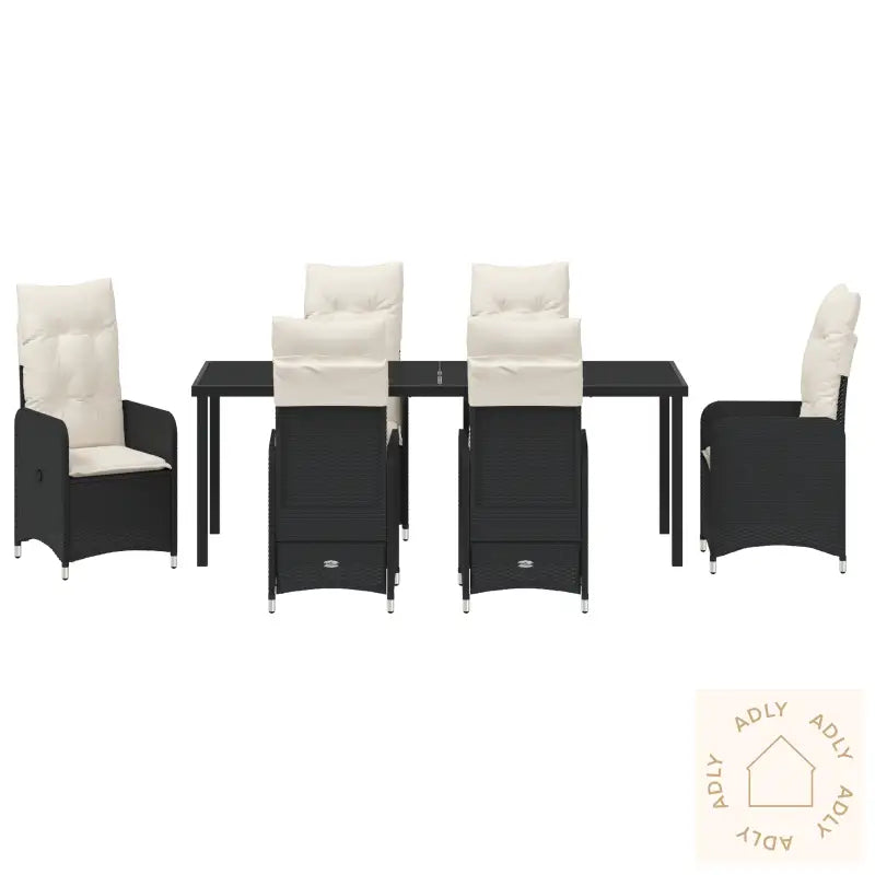7-Delt Hage Spisebord Med Puter Svart Poly Rattan