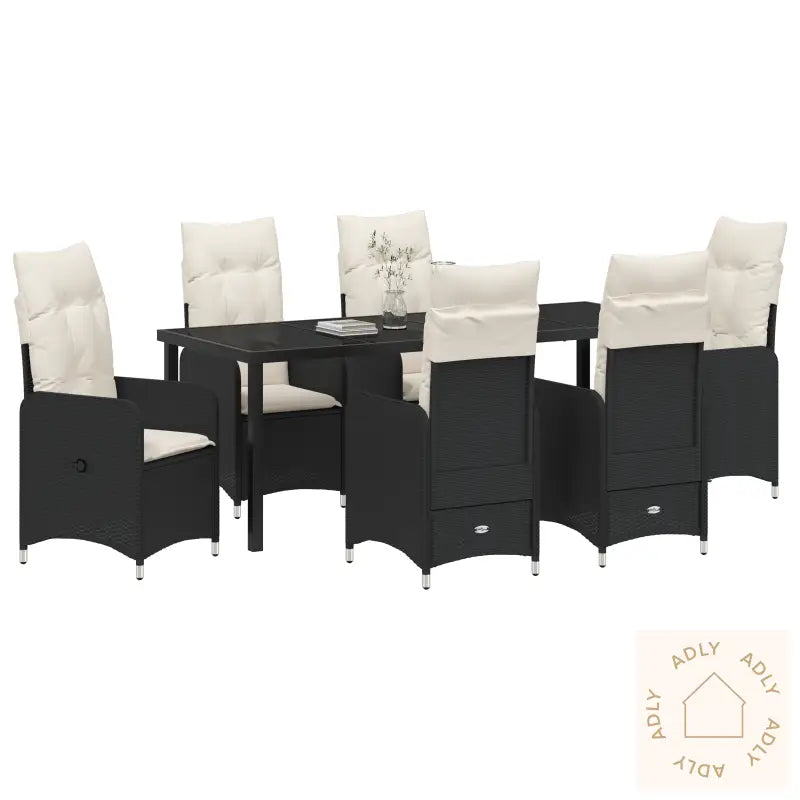 7-Delt Hage Spisebord Med Puter Svart Poly Rattan