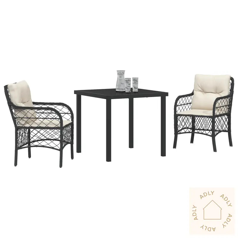 3 Delt Hage Spisestue Med Puter Svart Poly Rattan