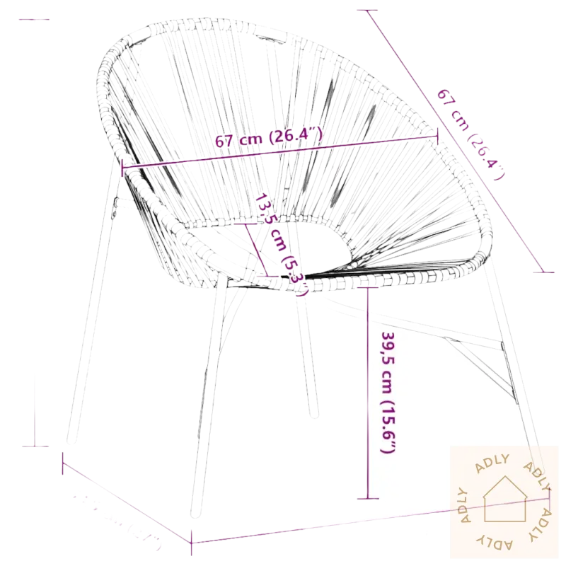 Woven rope chair med pulverlakkert stål og dimensjonsmerker for Hage Egg stol