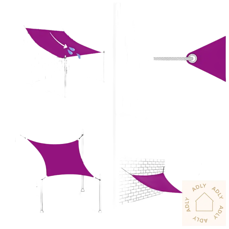 Purple shade sail installasjonsdiagram for hdpe solseil med rustfrie stålfester for hagemøbler