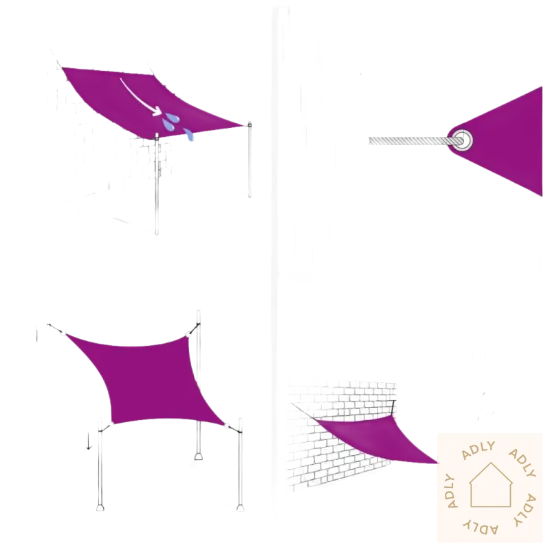 Purple sunshade installasjonsdiagram for HDPE solseil i rustfritt stål, perfekt til hagemøbler