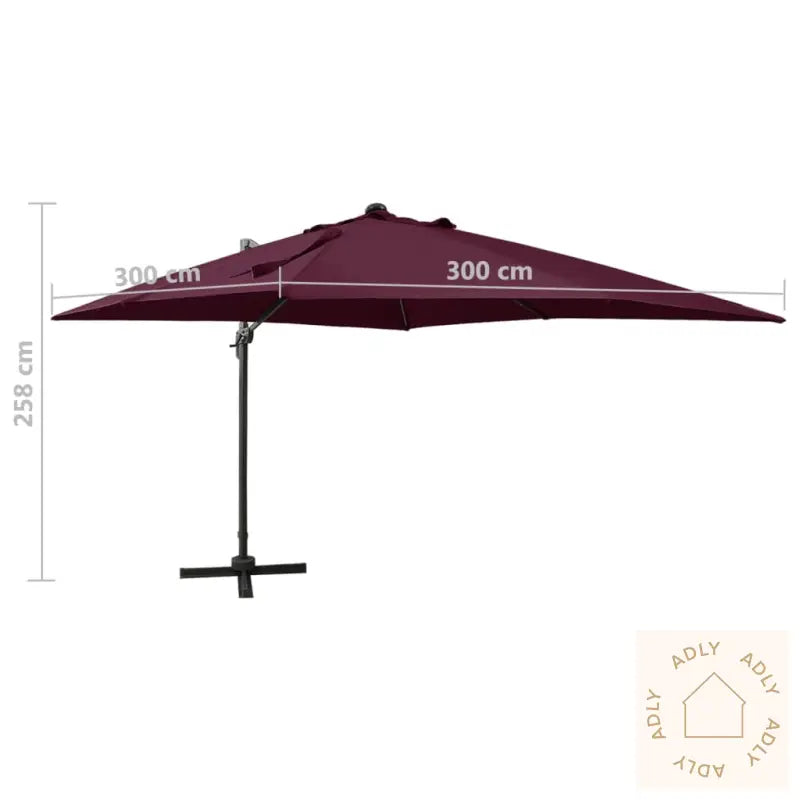 Hengende Hageparasoll Med Stang Og Led-Lys Vinrød 300 Cm