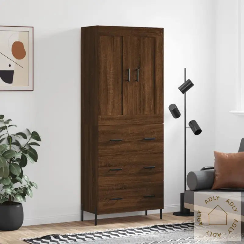 Highboard Brun Eik 69,5X34X180 Cm Konstruert Tre
