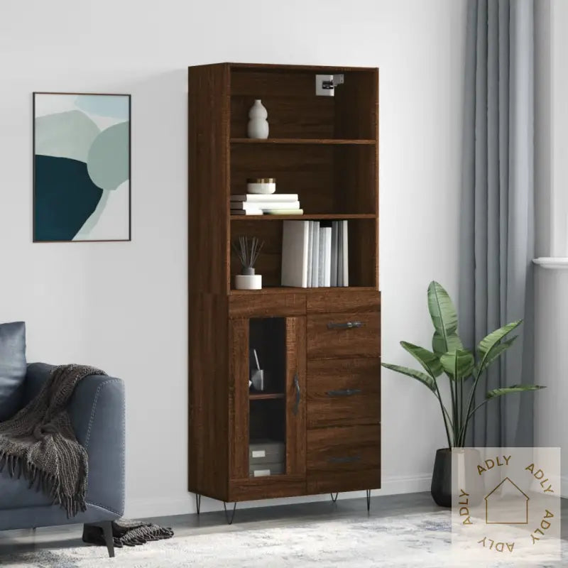 Highboard Brun Eik 69,5X34X180 Cm Konstruert Tre